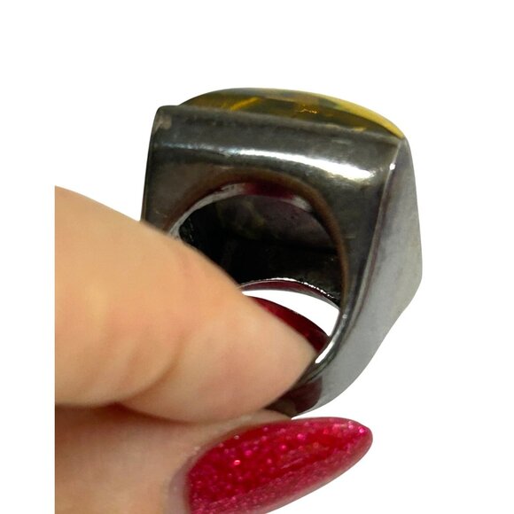 Women’s Vintage Fashion Ring Yellow Cheetah 5 Square Lucite Chunky Statement - Picture 9 of 16